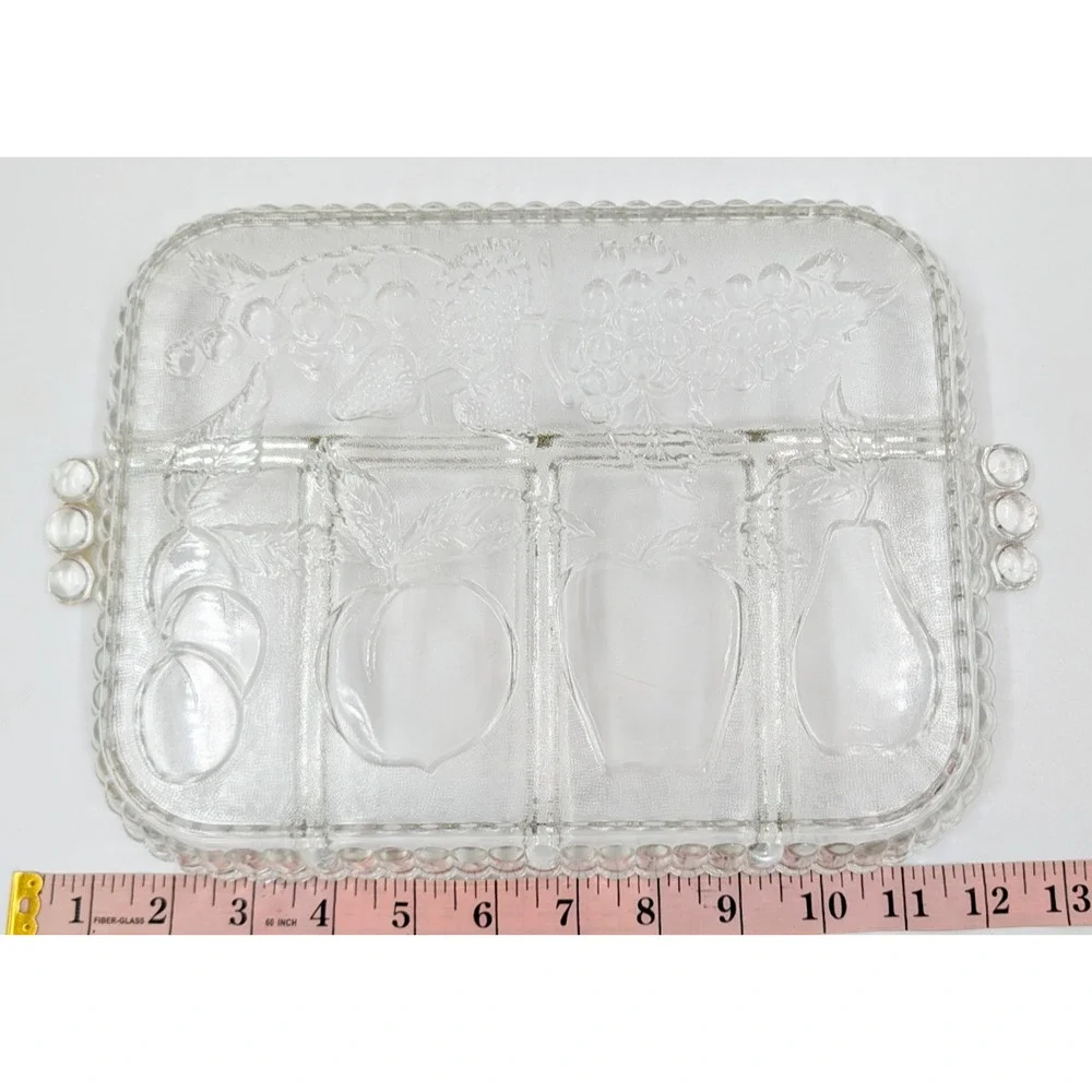 Indiana Glass Clear Divided Serving Relish Tray Fruit Pattern Handles 9
